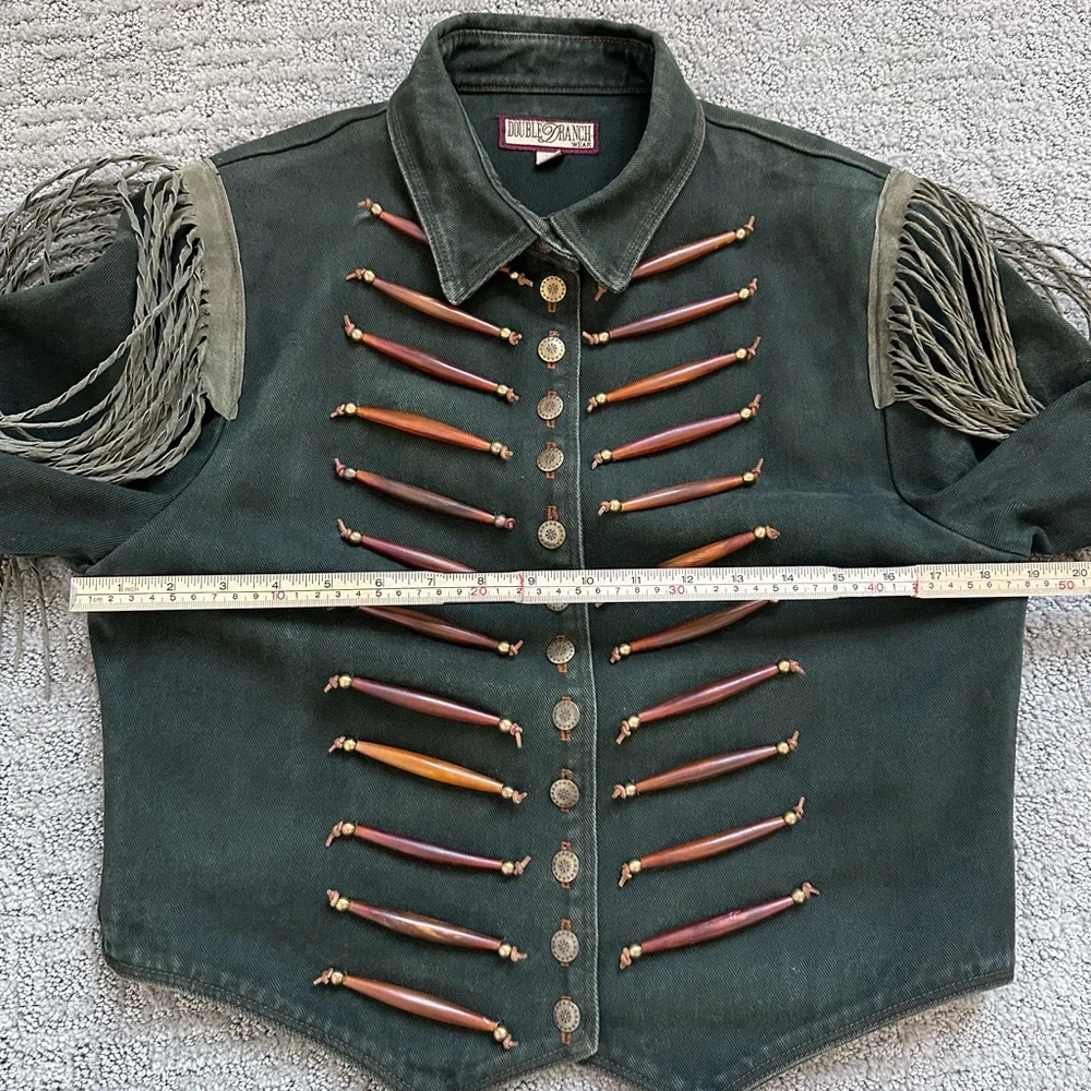 Double D Ranch Vintage Denim Fringe Jacket – Cropped Western Cowgirl M - Picture 13 of 16